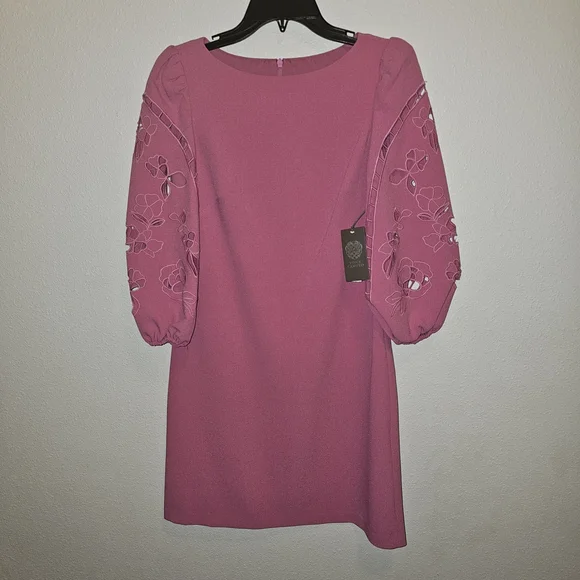 NWT Vince Camuto Pink Embroidered Puff Sleeve Shift Dress Size 0 - Picture 2 of 13